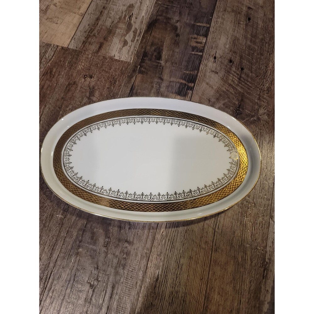Vintage Oval Gold Rim Decorated Trinket Dish. 9 inches.